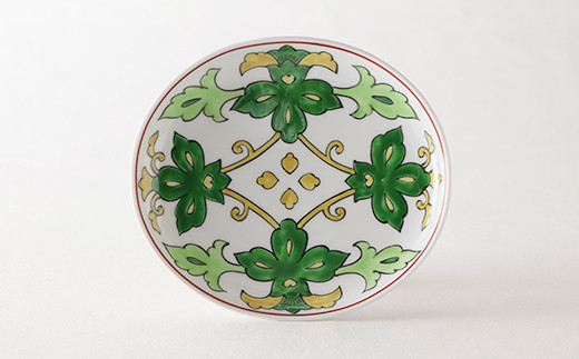 源右衛門窯 赤絵更紗唐花紋 皿 No.4 緑 器 食器 ケーキ皿 飾