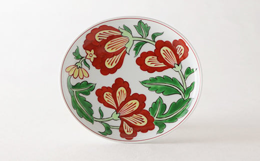 源右衛門窯 赤絵更紗唐花紋 皿 No.5 赤 器 食器 ケーキ皿 飾