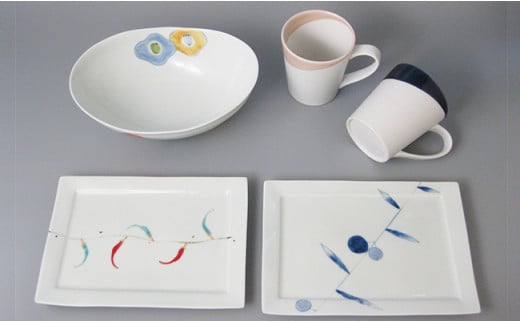 有田焼 食卓セットA（楕円ボウル1・マグ2・長角皿2）大慶 A5