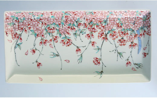 仁窯 枝垂桜文長皿（赤書・総柄）有田焼 A500-26
