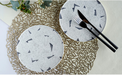 グレー角紋白泡雲銀 フラットプレート 2枚セット【松尾陶