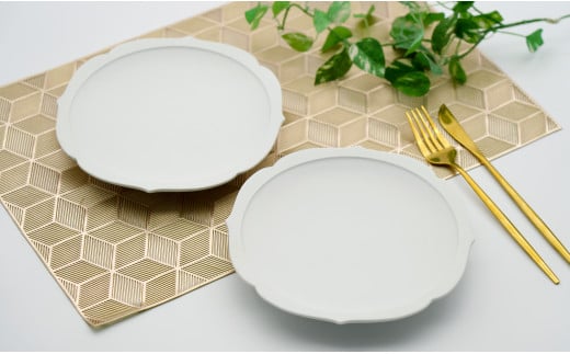 有田焼 白マット輪花桔梗渕6.5寸皿＋丸リング箸置き/各2個