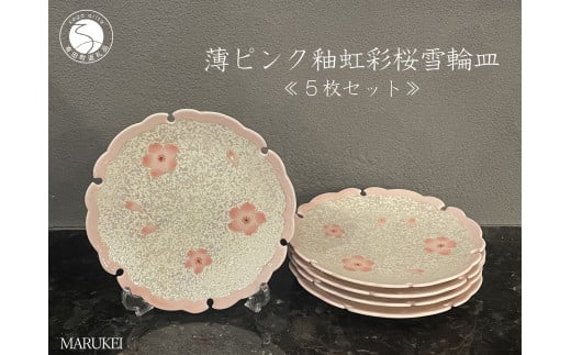 有田焼 薄ピンク釉 虹彩桜 雪輪皿 5枚セット【丸兄商社】食