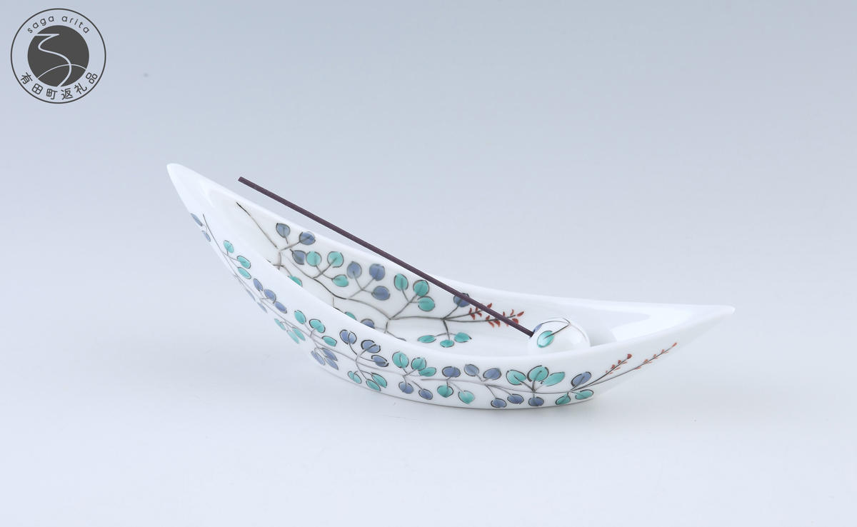 有田焼 舟形お香立〈萩文〉【赤絵白磁硯処 雪月花】手描き