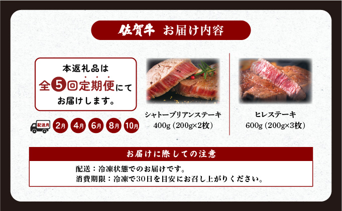＜定期便5回＞佐賀牛 シャトーブリアンステーキ ヒレステーキ 計5kg【2月・4月・6月・8月・10月お届け】