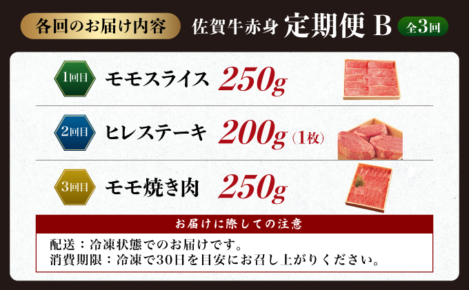 佐賀牛赤身お一人様定期便Ｂ♪ヒレステーキ200g・すき焼きしゃぶしゃぶ用250g・焼き肉250g(全3回定期便)毎月お届け♪