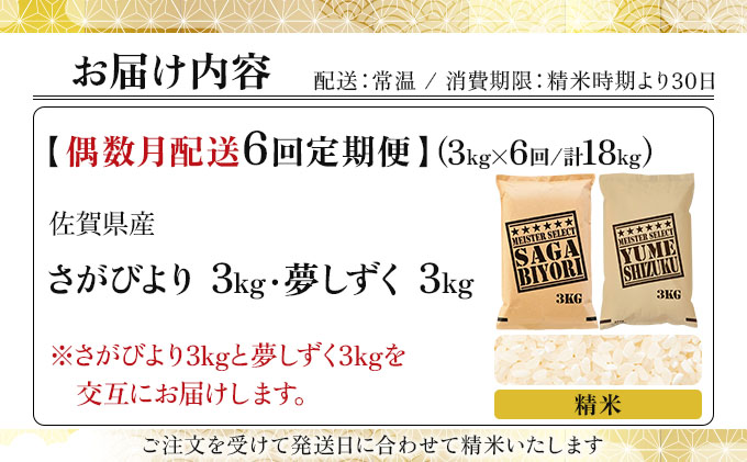 令和7年産 【偶数月配送6回定期便】白米食べ比べ さがびより3kg&夢しずく3kg《特A評価！》| 単品 定期便 偶数月 米 お米 ごはん 弁当 銘柄米 白米 県産米 佐賀県産 国産米 ブランド米 おにぎり 国産 佐賀県 単一原料米 五つ星お米マイスター 各3kg[偶数月配送6回定期便] ※さがびよりと夢しずくを交互にお届け