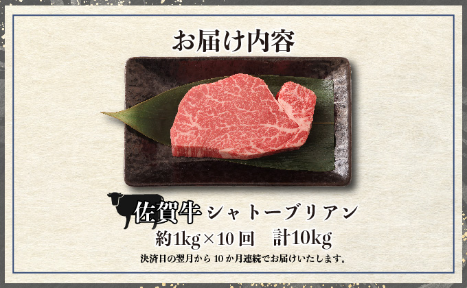 ＜定期便10回＞ 佐賀牛シャトーブリアン 計10kg (1kg×10回)　04bh-0010
