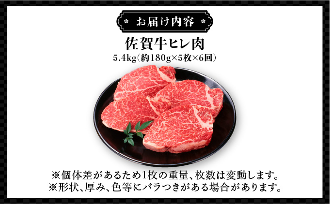 ＜定期便6回＞ 佐賀牛 ヒレステーキ定期便 計5.4kg (180g程度×5枚×6回)　06ff-0005