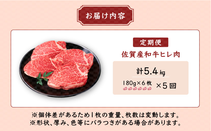 ＜定期便5回＞「佐賀産和牛」ヒレステーキ 計5.4・ (180g程度×6枚×5回)　06ff-0009