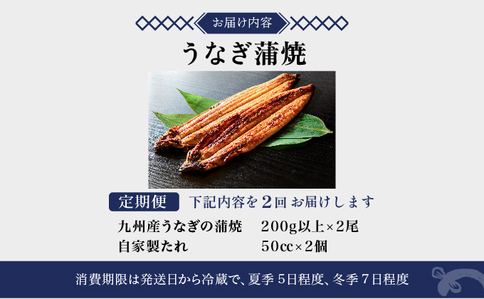 ＜定期便2回＞ うなぎ蒲焼き 計800g (200g×2尾×2回)