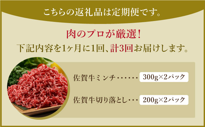 【全3回定期便】 佐賀牛 ミンチ ＆ 切り落とし【肉の三栄】 [HAA084]