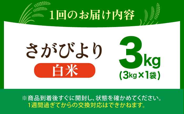 【全6回定期便】 さがびより 白米 3kg（3kg×1袋）【五つ星お米マイスター厳選】特A米 特A評価 [HBL102]