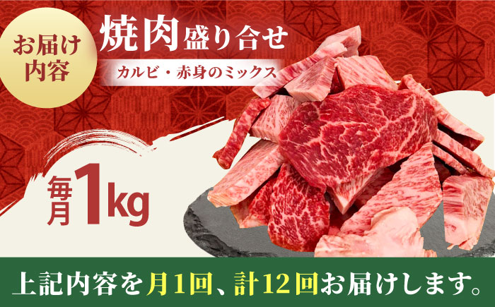 【全12回定期便】佐賀牛 焼肉用（カルビ・赤身） 1kg 【田中畜産牛肉店】 佐賀牛 牛肉 精肉 肉 切り落とし [HBH153]