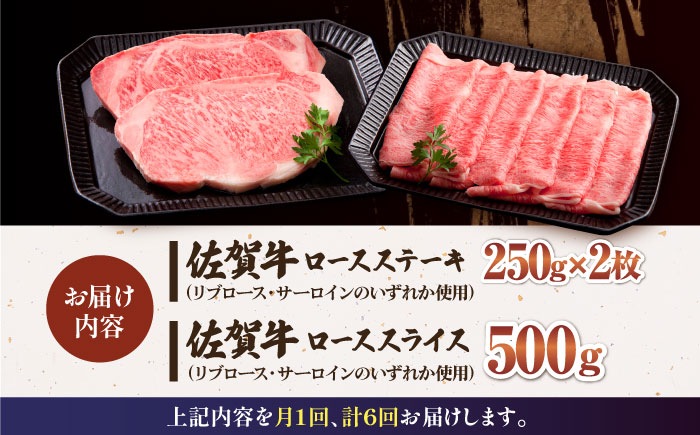 【全6回定期便】佐賀牛 ロース ステーキ・スライス定期（ステーキ 250g×2・スライス 500g）【肉の三栄】 [HAA049]