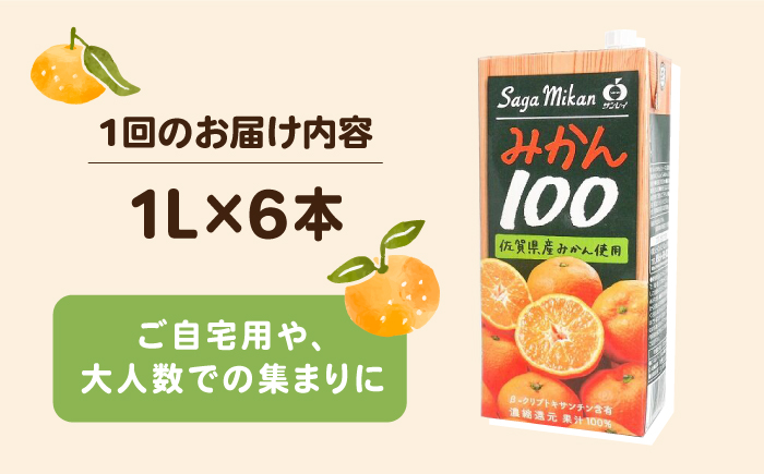 ＜全3回定期便＞ 【佐賀県産温州みかん使用】さがみかん100　総計18本（1L×6本）【JAさが 杵島支所】みかん 果汁100% 濃縮還元 [HAM040]