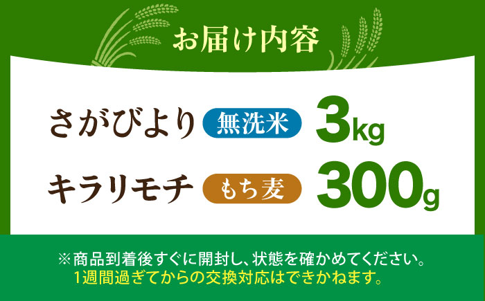 無洗米・もち麦セット（ さがびより3kg ・ キラリモチ 300g ）【大塚米穀店】 麦 もち麦 米 精米 [HBL091]
