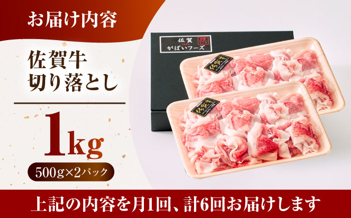 ＜全6回定期便＞佐賀牛切り落とし 1kg（500g×2パック）【がばいフーズ】佐賀牛 すき焼き しゃぶしゃぶ [HCS033]