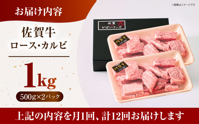 ＜全12回定期便＞佐賀牛 はしっこちゃん  計1kg（ロース カルビ）【がばいフーズ】佐賀牛 A5 A4 焼肉 カレー [HCS046]