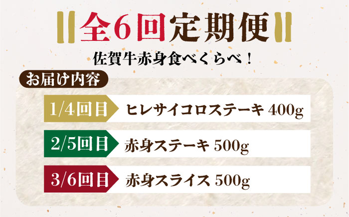 【全6回定期便】佐賀牛 赤身満喫コース（ヒレ・赤身ステーキ・赤身スライス）総計2.8kg 【がばいフーズ】 [HCS119]