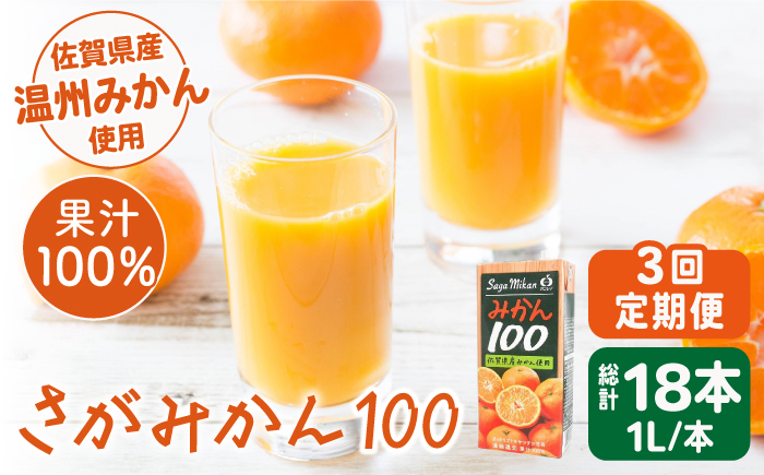 ＜全3回定期便＞ 【佐賀県産温州みかん使用】さがみかん100　総計18本（1L×6本）【JAさが 杵島支所】みかん 果汁100% 濃縮還元 [HAM040]