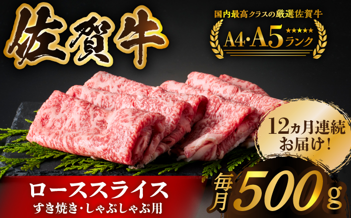 ＜全12回定期便＞佐賀牛ローススライス 500g　（すき焼き・しゃぶしゃぶ用）【がばいフーズ】 [HCS028]