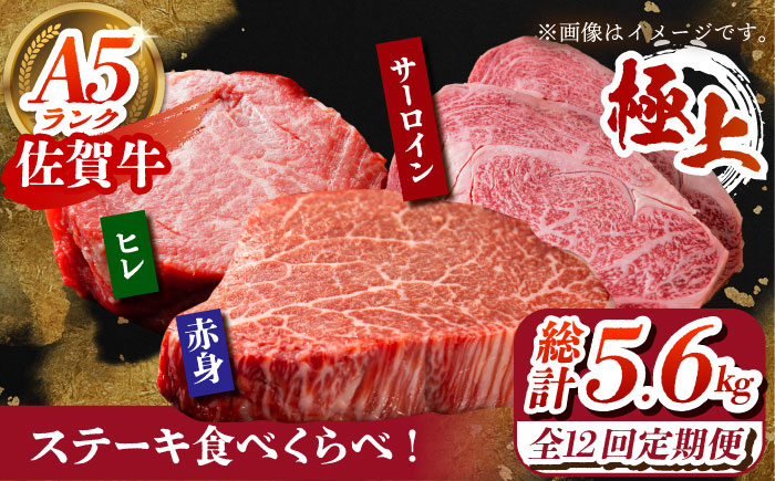 【全12回定期便】佐賀牛 ステーキ食べくらべセット（赤身・サーロイン・ヒレ）総計5.6kg 【がばいフーズ】 [HCS117] 牛肉