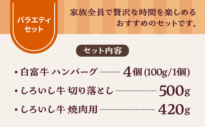【牧場直送】食卓にうれしいバラエティ セット（白富牛 手ごねハンバーグ 4個＆切り落とし 500g＆焼肉用 420g）【有限会社佐賀セントラル牧場】牛肉 [IAH191]