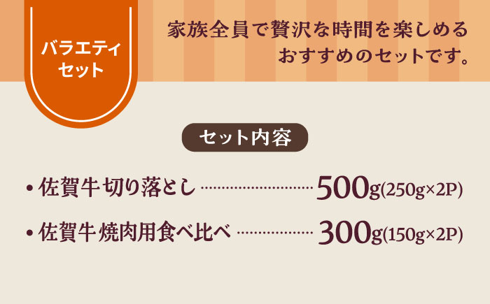 【牧場直送】佐賀牛 食卓にうれしいバラエティ セット（切り落とし 500g＆焼肉用食べ比べ 300g）【有限会社佐賀セントラル牧場】牛肉 [IAH204]