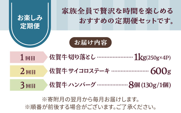 【牧場直送】【3回定期便】佐賀牛 家族向け お楽しみ 定期便【有限会社佐賀セントラル牧場】牛肉 [IAH218]
