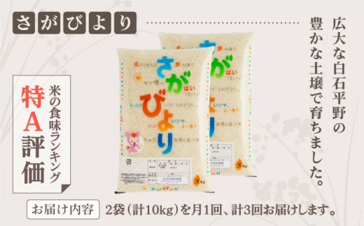 【12年連続特A受賞】【3回定期便】白石産さがびより 各回10kg（5kg×2袋）【佐賀県農業協同組合】白米 [IAK009]
