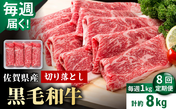 【8回定期便】毎週届く！ 佐賀県産 黒毛和牛 贅沢 切り落とし 1kg/回（計8kg 2ヶ月分【株式会社いろは精肉店】佐賀産和牛 牛肉 すき焼き しゃぶしゃぶ [IAG206]