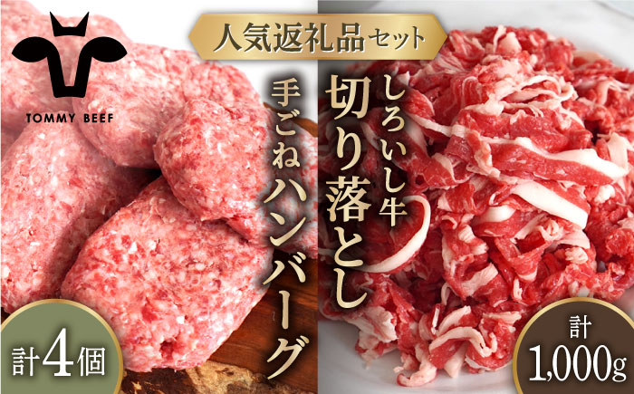 【牧場直送】人気返礼品セット！手ごねハンバーグ 4個＆しろいし牛 切り落とし 1000g（500g×2パック）【有限会社佐賀セントラル牧場】肉 [IAH108]