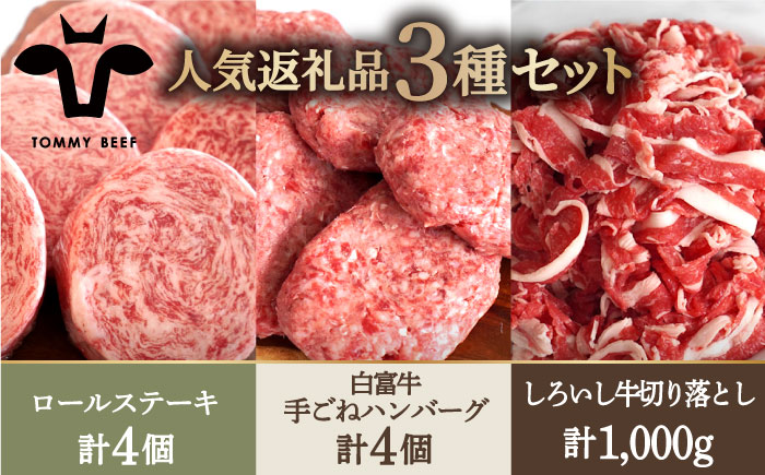 【牧場直送】人気返礼品詰め合わせ！牛肉100%ふんわりロールステーキ 4個＆白富牛 手ごねハンバーグ 4個＆しろいし牛 切り落とし 500g×2パック【有限会社佐賀セントラル牧場】お肉 [IAH129]