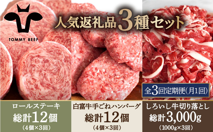 【牧場直送】【3回定期便】人気返礼品詰め合わせ！牛肉100%ふんわりロールステーキ 4個＆白富牛 手ごねハンバーグ 4個＆しろいし牛 切り落とし 1000g 【有限会社佐賀セントラル牧場】 お肉 [IAH185]
