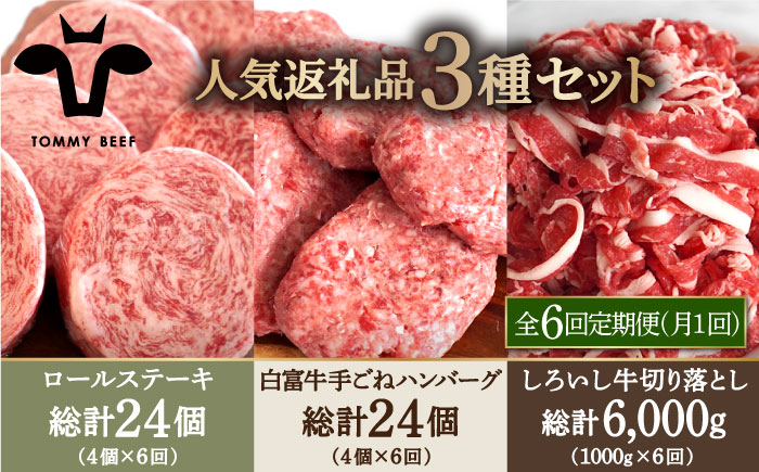 【牧場直送】【6回定期便】人気返礼品詰め合わせ！牛肉100%ふんわりロールステーキ 4個＆白富牛 手ごねハンバーグ 4個＆しろいし牛 切り落とし 1000g 【有限会社佐賀セントラル牧場】 お肉 [IAH186]