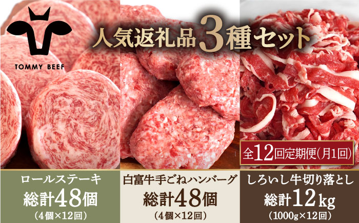 【牧場直送】【12回定期便】人気返礼品詰め合わせ！牛肉100%ふんわりロールステーキ 4個＆白富牛 手ごねハンバーグ 4個＆しろいし牛 切り落とし 1000g 【有限会社佐賀セントラル牧場】 お肉 [IAH187]