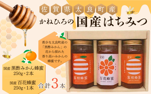 P-42 かねひろの国産はちみつ（黒酢みかん蜜、百花蜜）（３本）