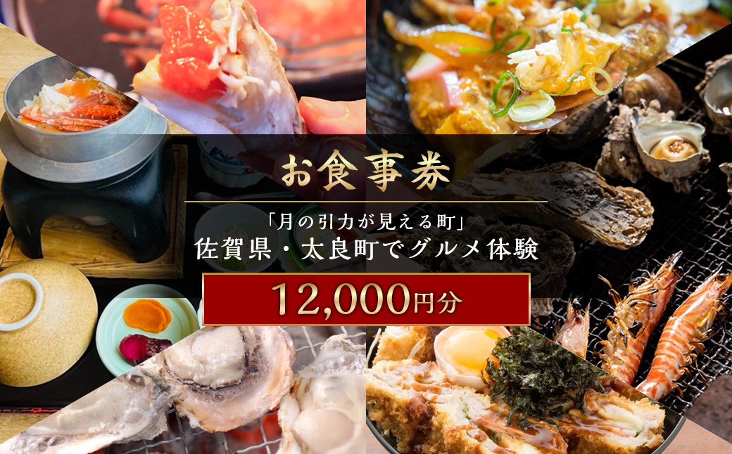 【お食事券】 「月の引力が見える町」 佐賀県・太良町でグルメ体験 12,000円分 （1,000円券 × 12枚） 【7営業日以内発送】 食事券 お食事券 グルメ体験 券 チケット 体験チケット 佐賀県 太良町 QN3