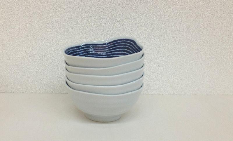 【AB403】【波佐見焼】φ約１３cmとんすい小鉢５個組藍染駒筋 【西海陶器】 ５　32548