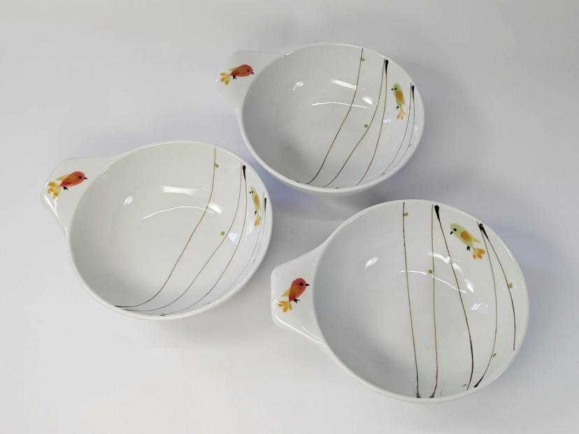 【波佐見焼】φ１５．５ｃｍの取手付小鉢３個組　ハミング　赤　【西海陶器】　１　２４３４２