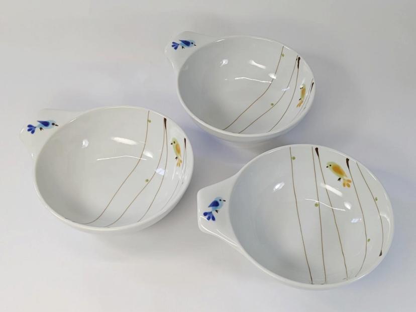 【波佐見焼】φ１５．５ｃｍの取手付小鉢３個組　ハミング　青　【西海陶器】　１　２４３４１