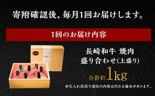 【全6回定期便】【上ランク】長崎和牛焼肉盛り合わせ (上盛り) 約1kg