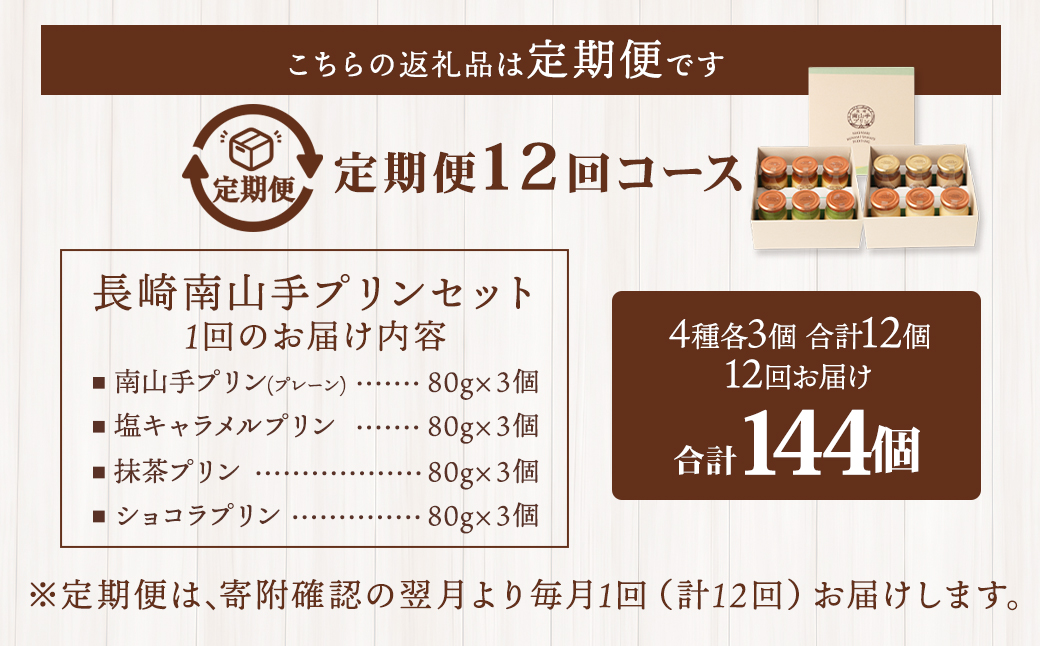 【全12回定期便】南山手プリン 食べ比べ セット 計12個 (4種×3個)