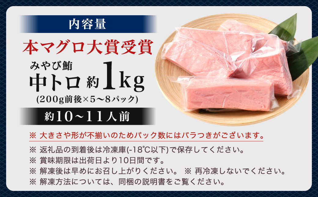 本マグロ 大賞受賞 みやび鮪 中トロ 計約1kg（約10～11人前）