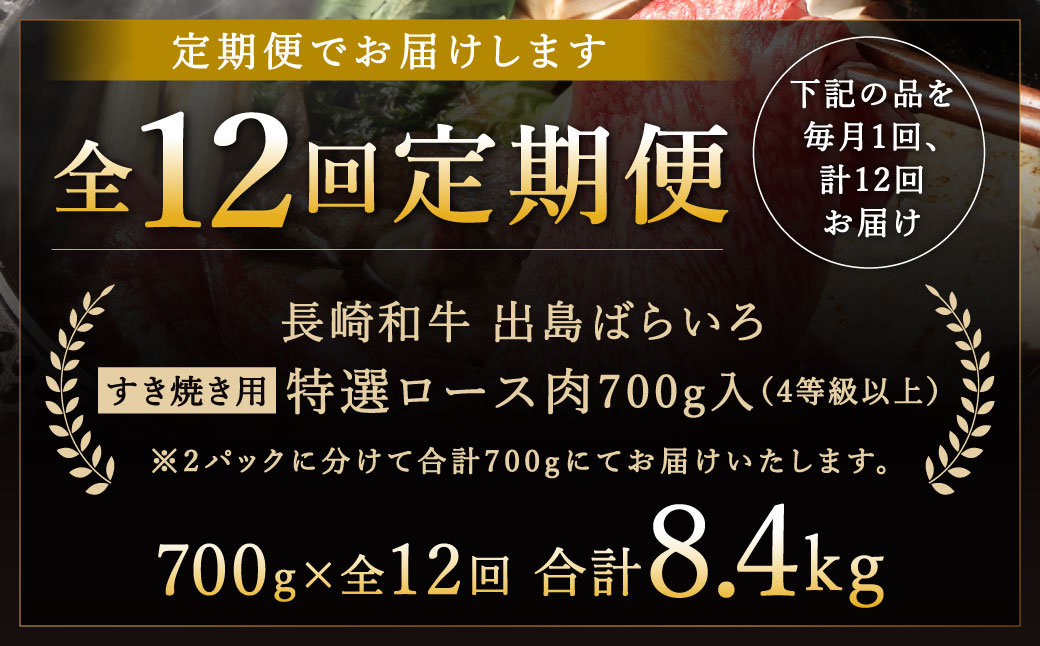 【全12回定期便】長崎和牛出島ばらいろすき焼き用特選ロース肉特盛約700g