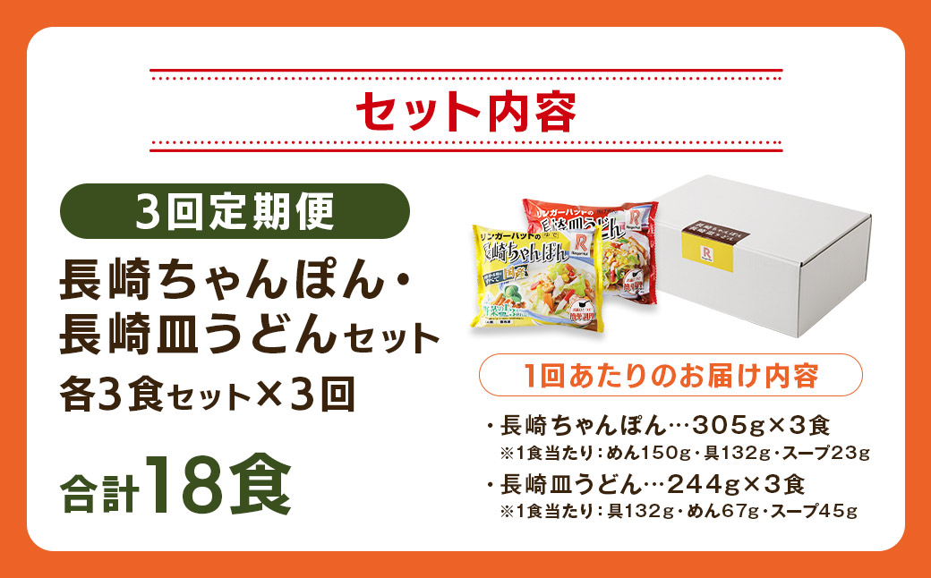 【全3回定期便】長崎ちゃんぽん・長崎皿うどん 各3食 計18食