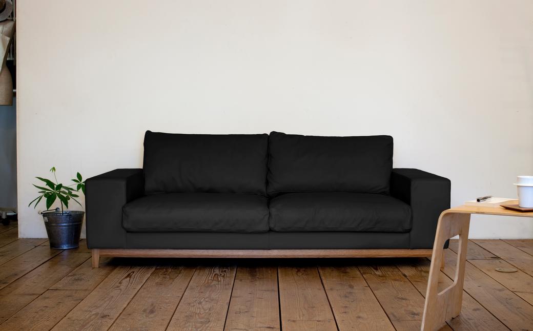 フロー 2人掛け ソファ (オーク-本革ブラック)