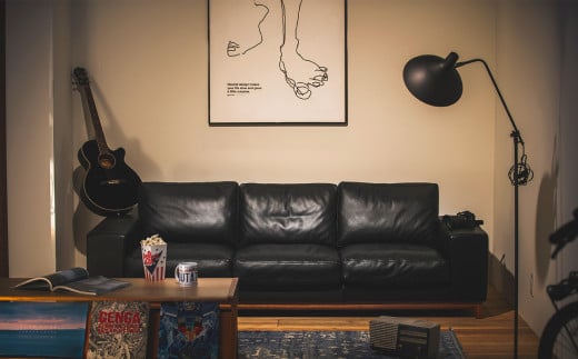 フロー3人掛ソファ (ウォールナット-本革ブラック)