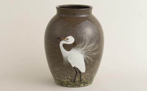 [G231p］〈現川焼臥牛窯〉白鷺文花瓶